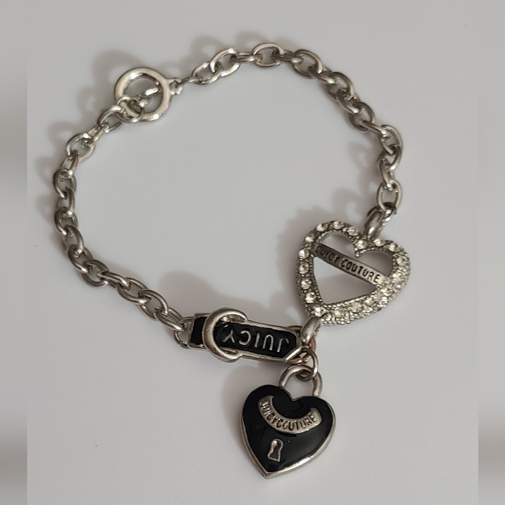 Vintage y2k Juicy Couture charm bracelet black enamel rhinestones hearts RARE ht